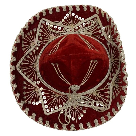 Pigalle Red SOMBRERO XXXX Vtg Small Mexican Mariachi Hat Sequined Embroidered - Picture 7 of 10
